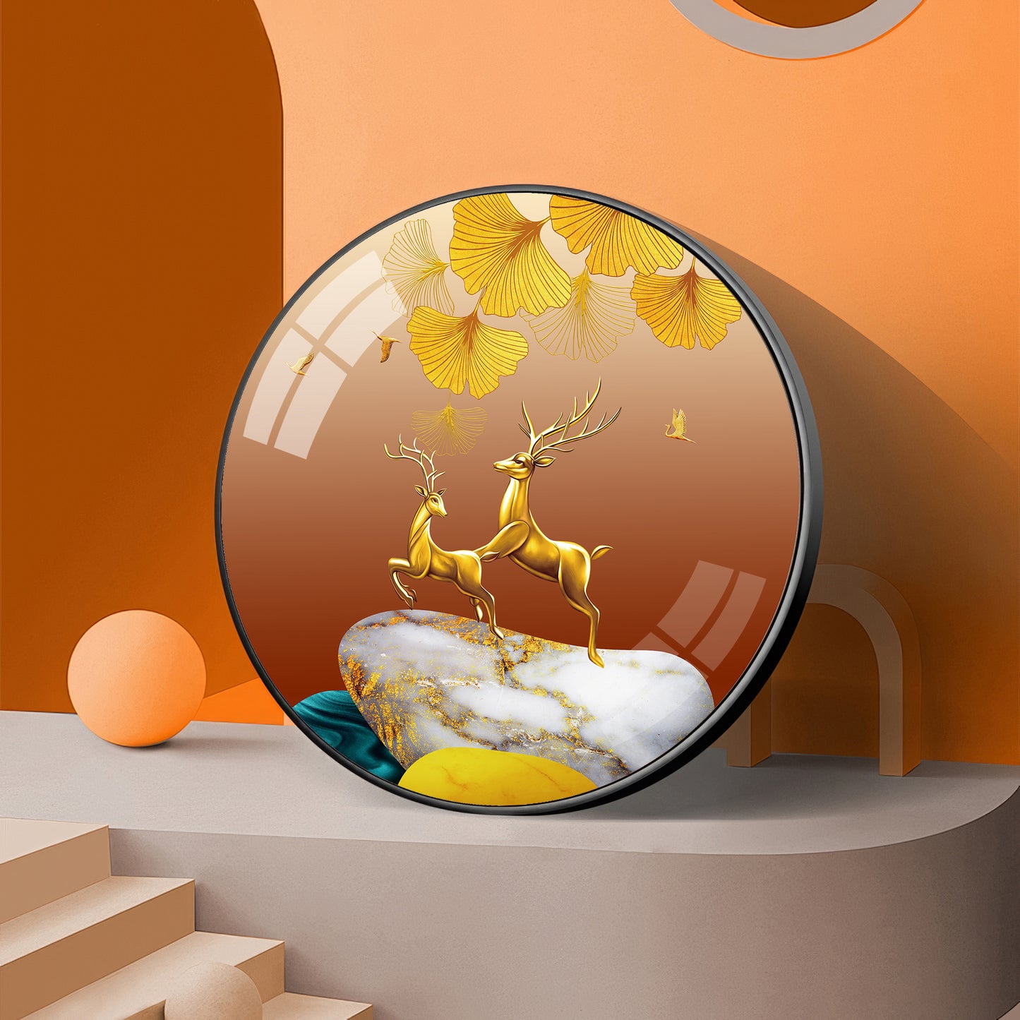 Golden Deer Duo Premium Acrylic Round Wall Art