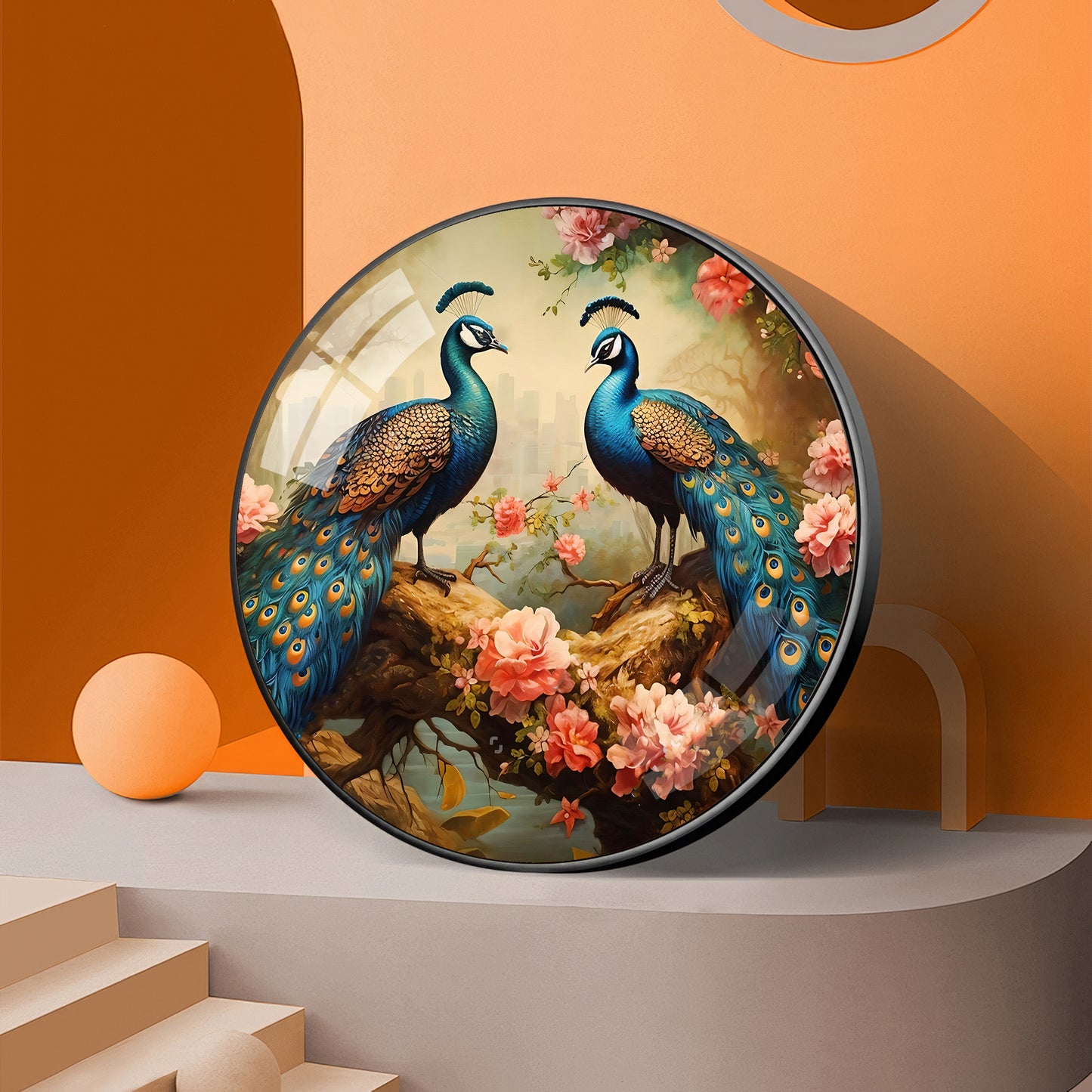 Vibrant Peacock Premium Acrylic Round Wall Art