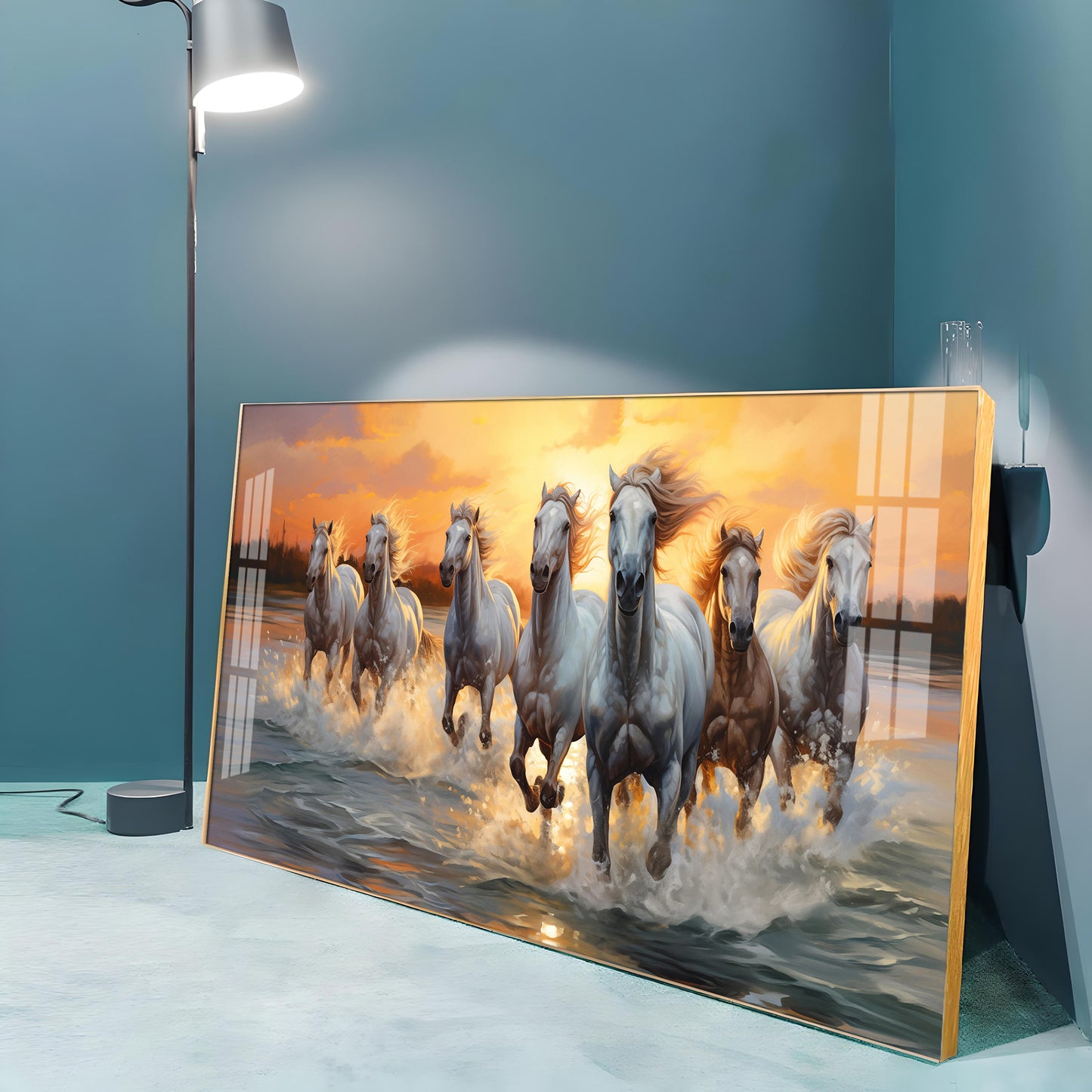 Vastu Seven Running Horses With Sunrise Premium Acrylic Horizontal Wall Art