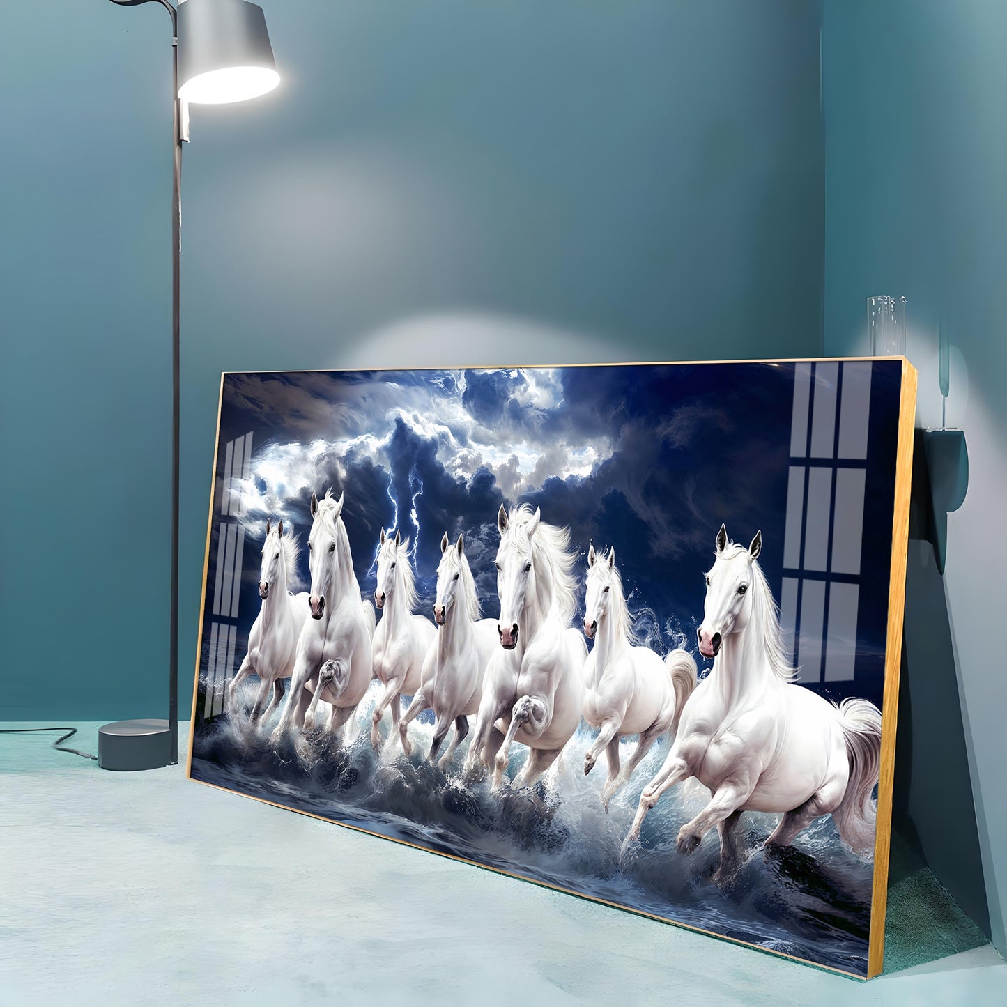 Seven White Horses Gallop In the Sea Premium Acrylic Horizontal Wall Art