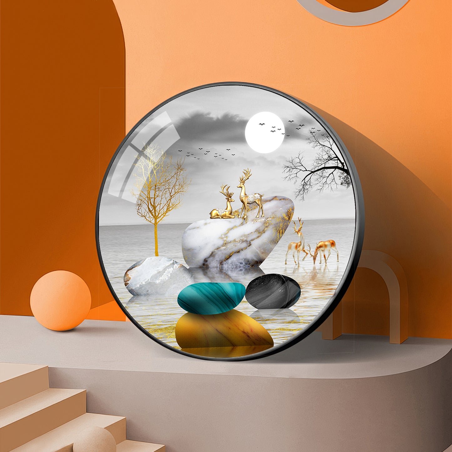 Deer And Stone Premium Acrylic Round Wall Art