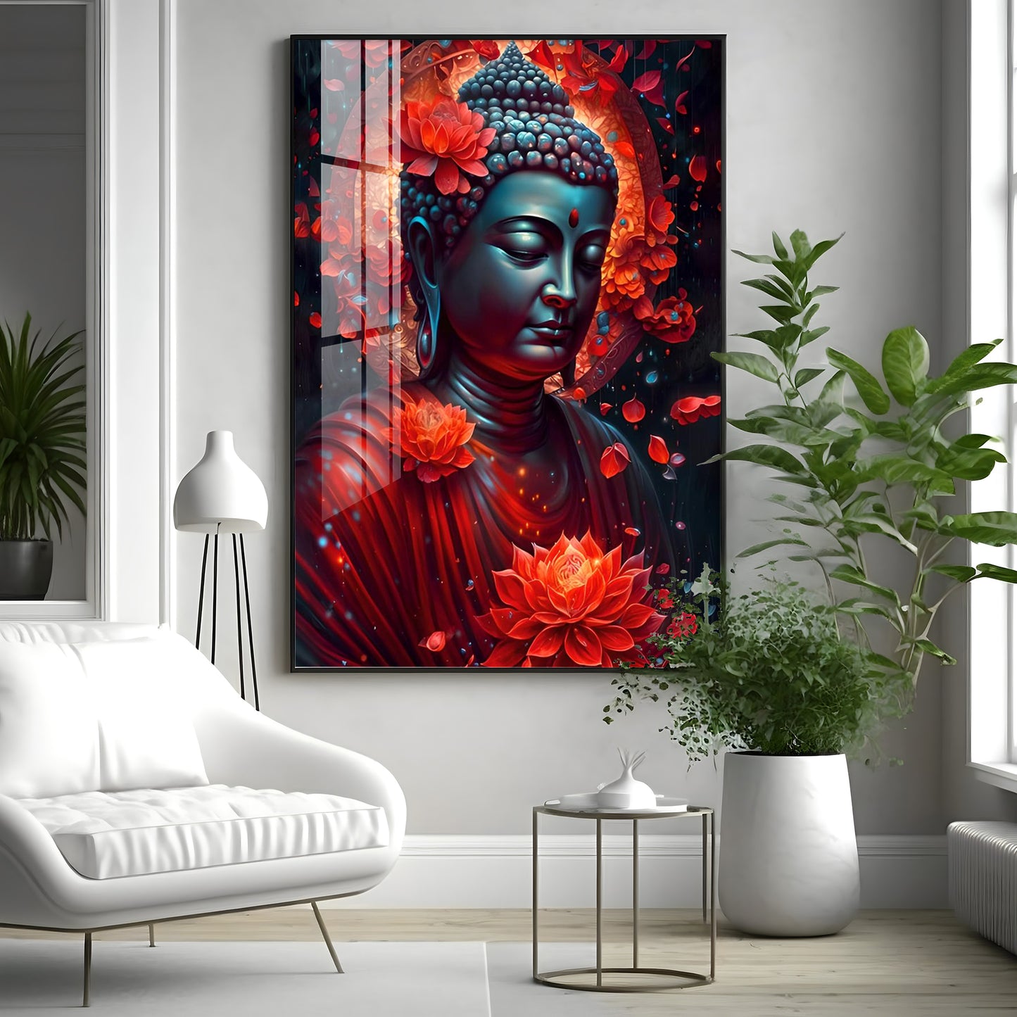 Red Buddha With Lotus Premium Acrylic Vertical Wall Art