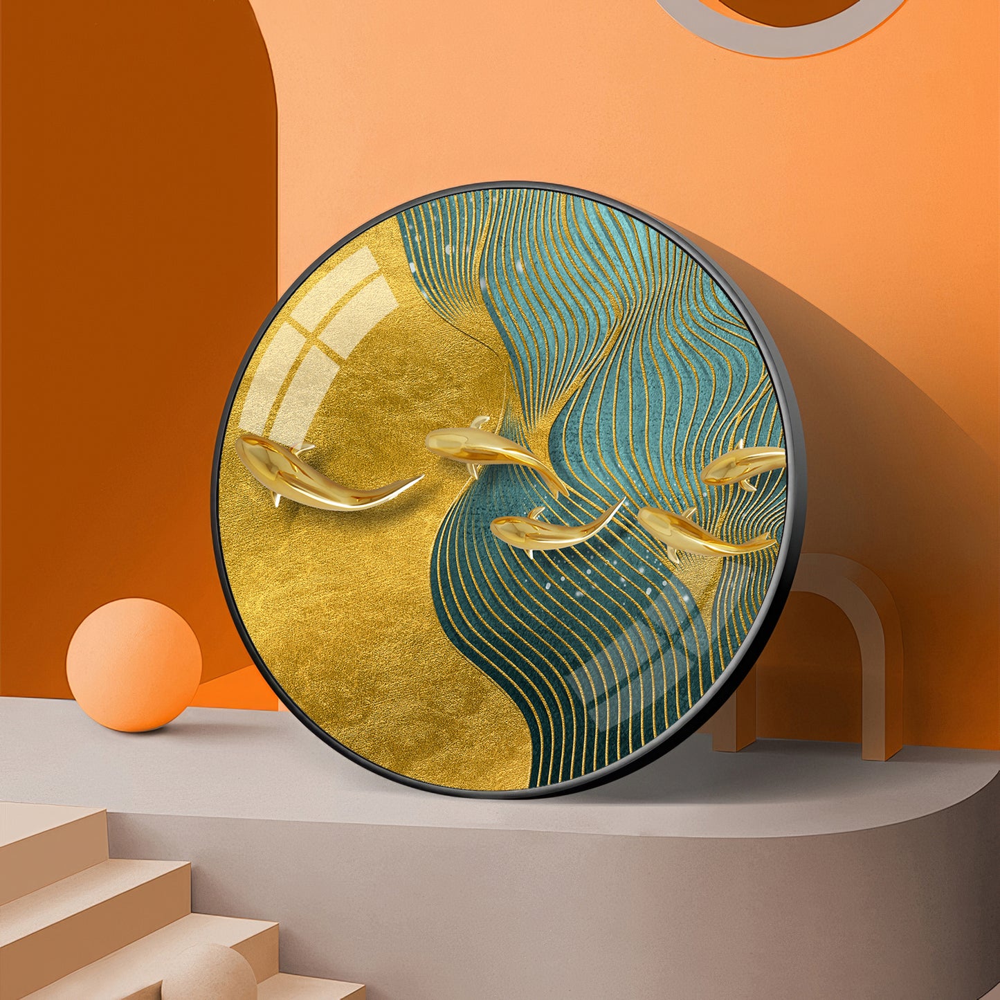 Aqua Gold Premium Acrylic Round Wall Art