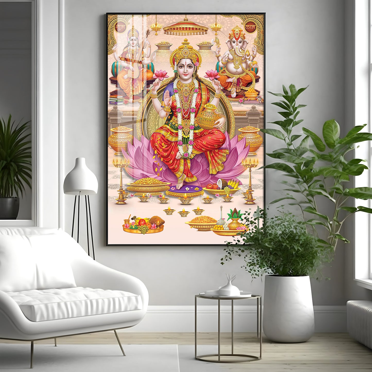 Goddess Maha Laxmi Ji On Kamala Premium Acrylic Vertical Wall Art