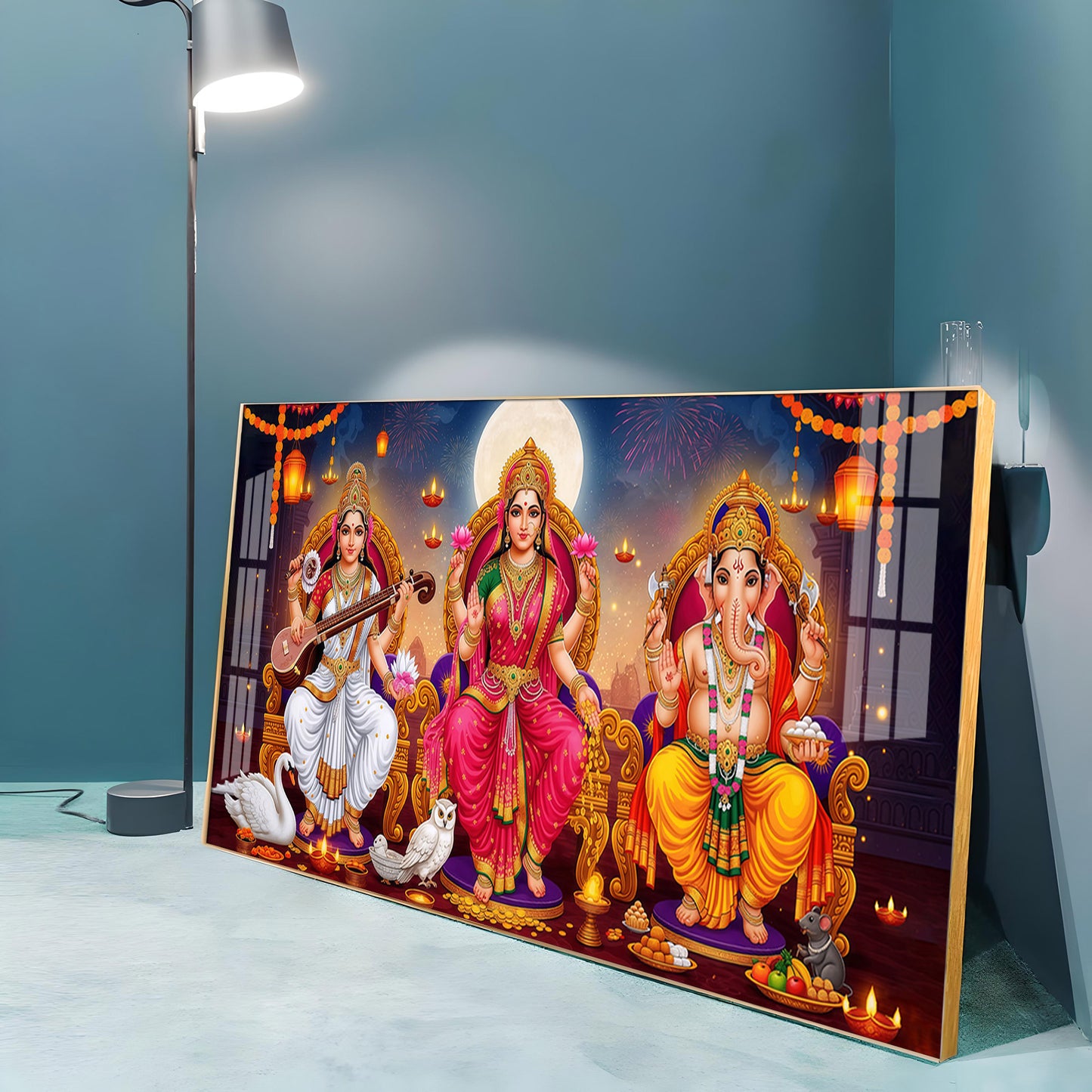 Lord Ganesha With Godess Saraswati and Maa Laxmi Premium Acrylic Horizontal Wall Art
