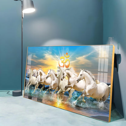 White Running Horses in Sea with Om Premium Acrylic Horizontal Wall Art