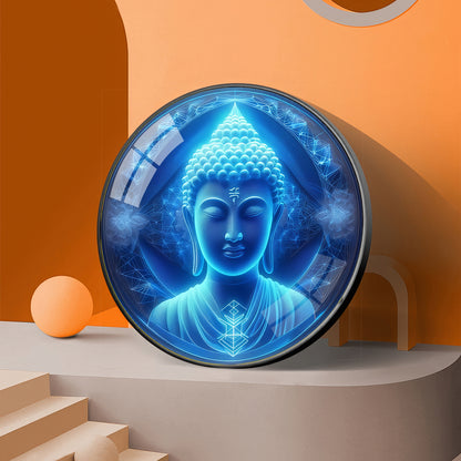 Sacred Buddha In Blue Premium Acrylic Round Wall Art