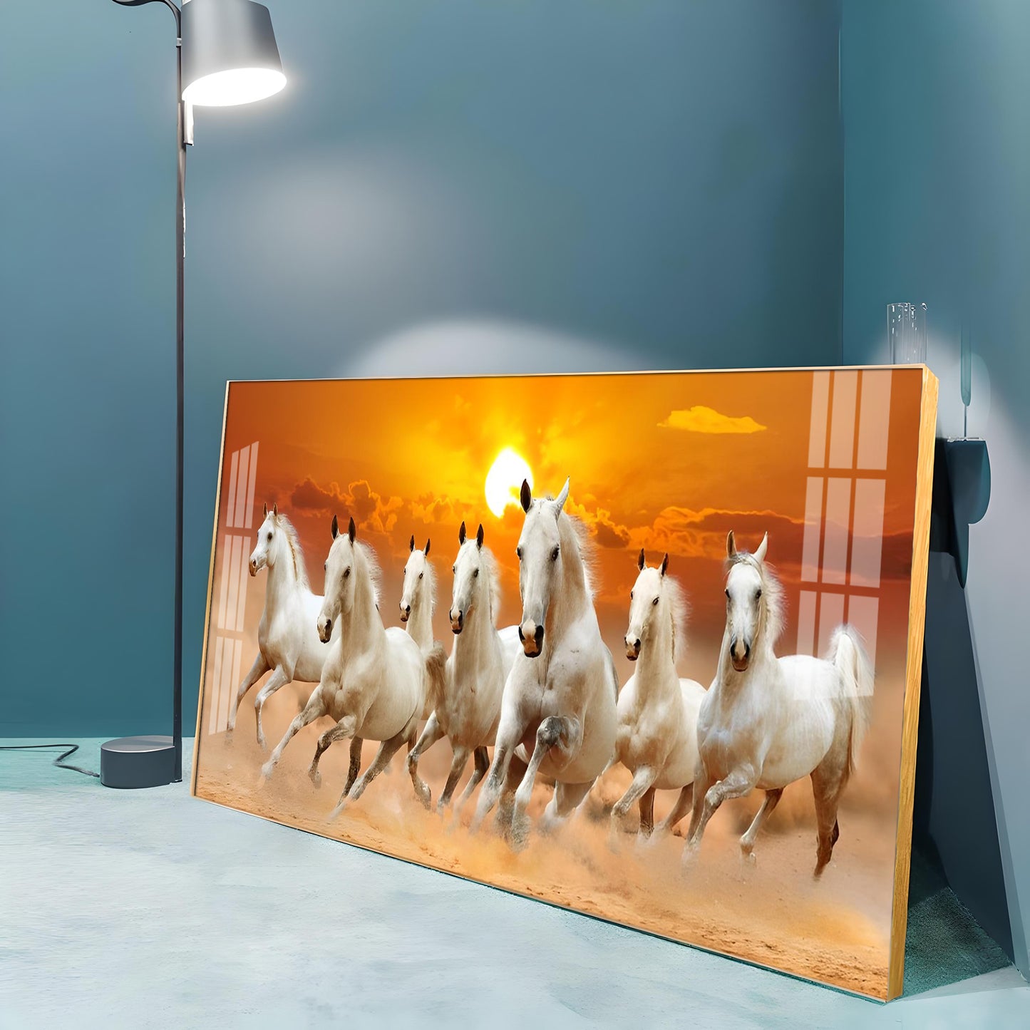 White 7 Running Horses Premium Acrylic Horizontal Wall Art