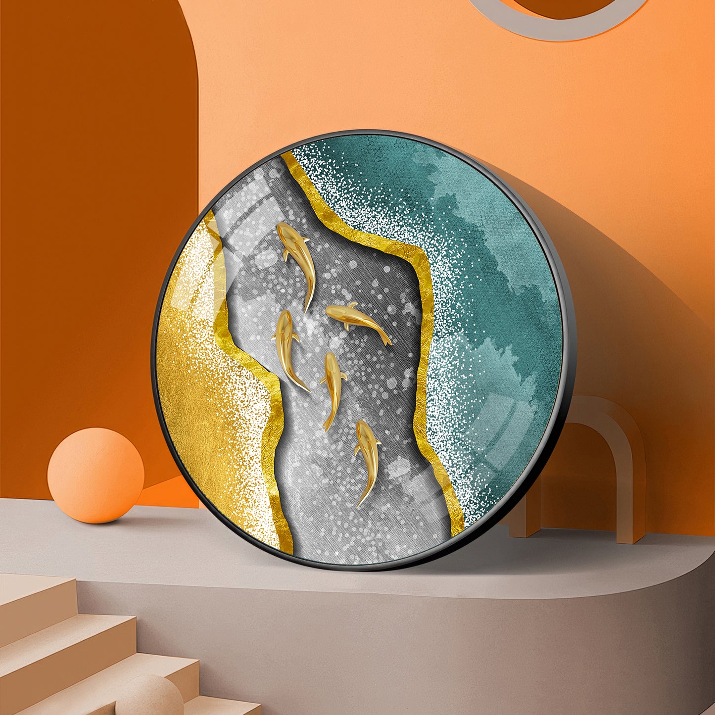 Koi Fish In Waves Premium Acrylic Round Wall Art