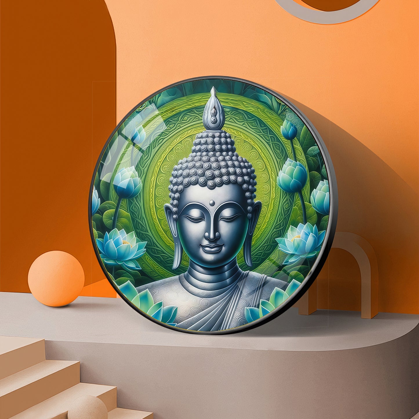 Sacred Buddha In Silver Premium Acrylic Round Wall Art