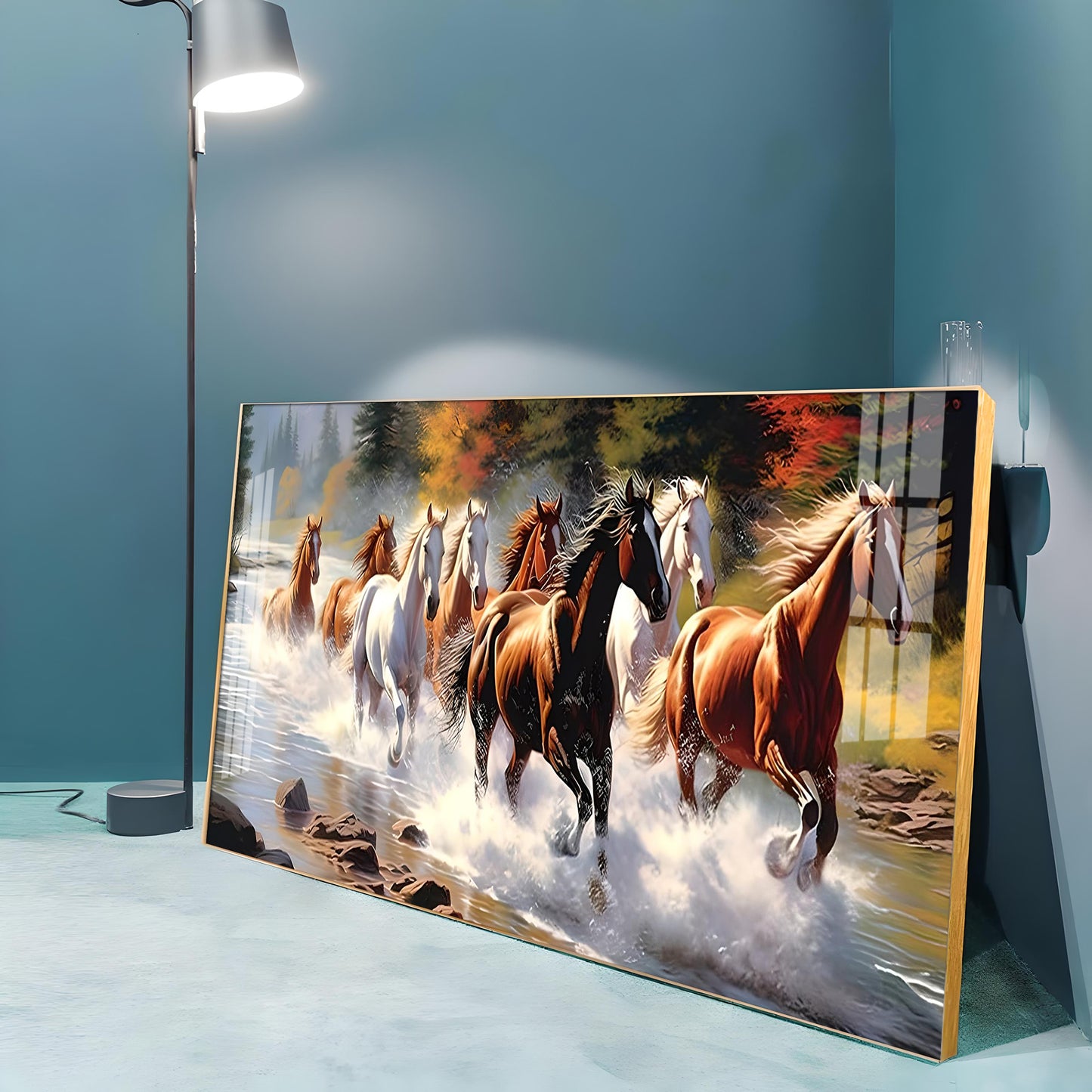 Running Horses in River Premium Acrylic Horizontal Wall Art