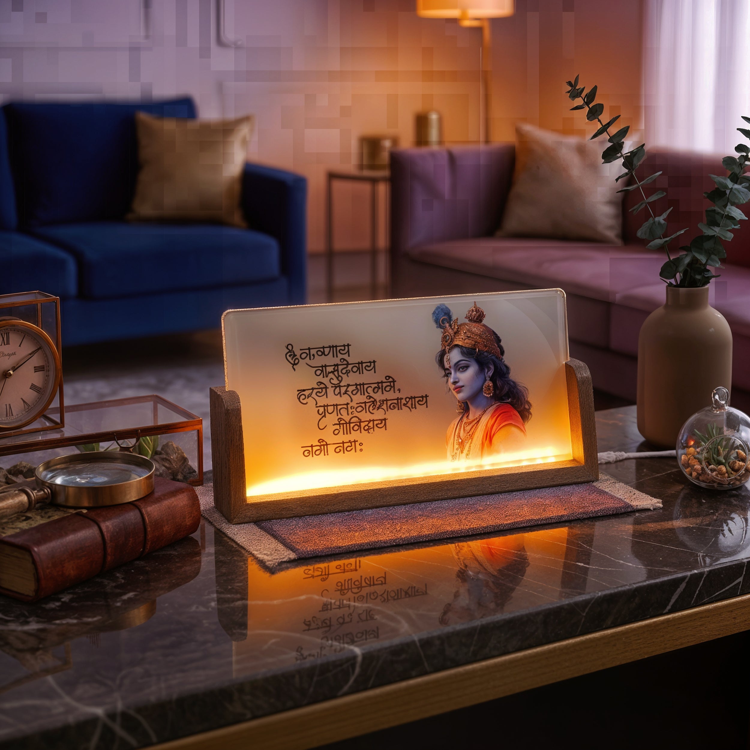 God Krishna Acrylic LED Table Lamp - Wooden Stand