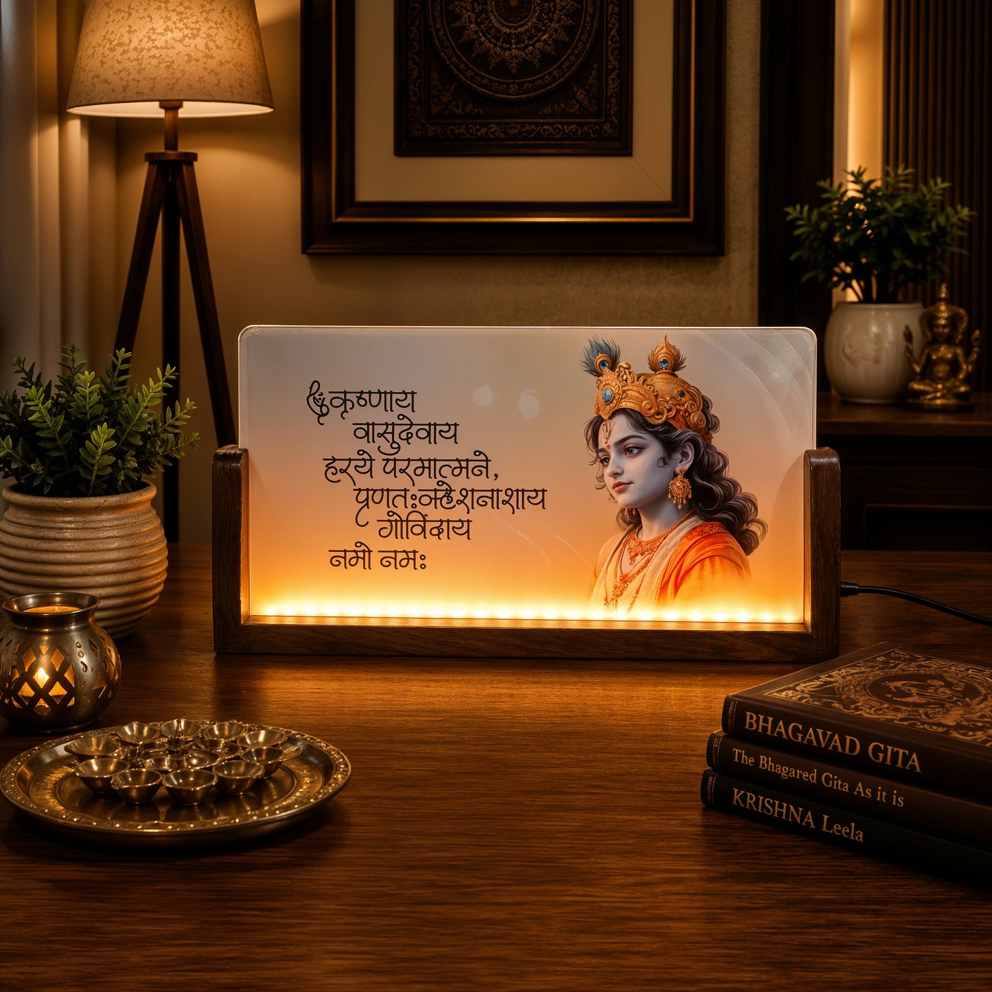 God Krishna Acrylic LED Table Lamp - Wooden Stand