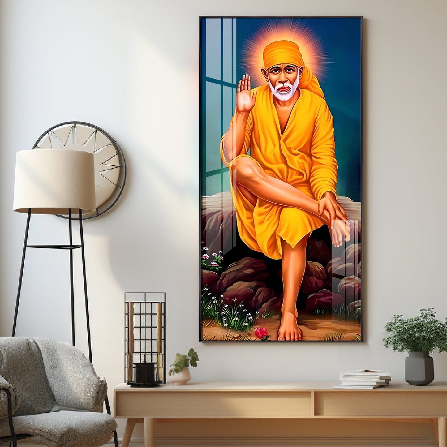 Shirdi Sai Baba Premium Acrylic Vertical Wall Art - 24X12 inches / Gold