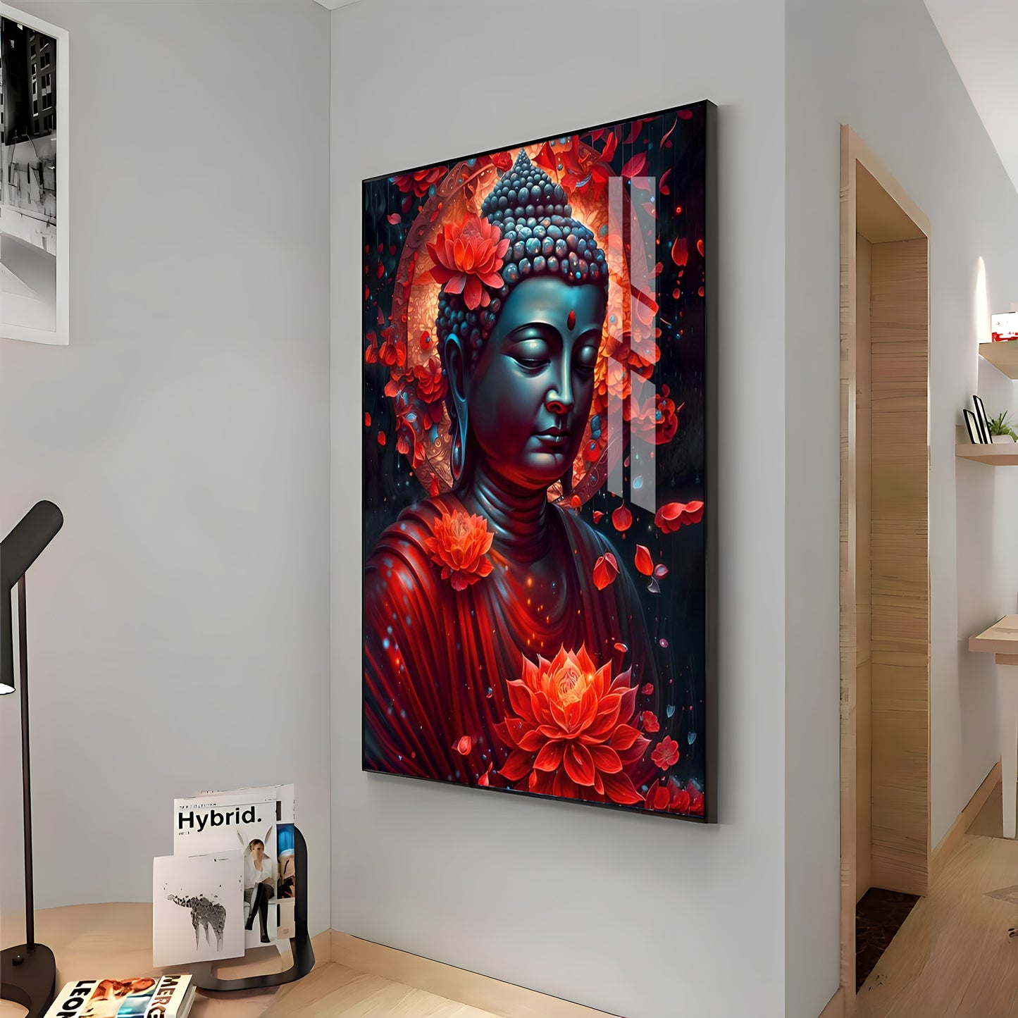 Red Buddha With Lotus Premium Acrylic Vertical Wall Art