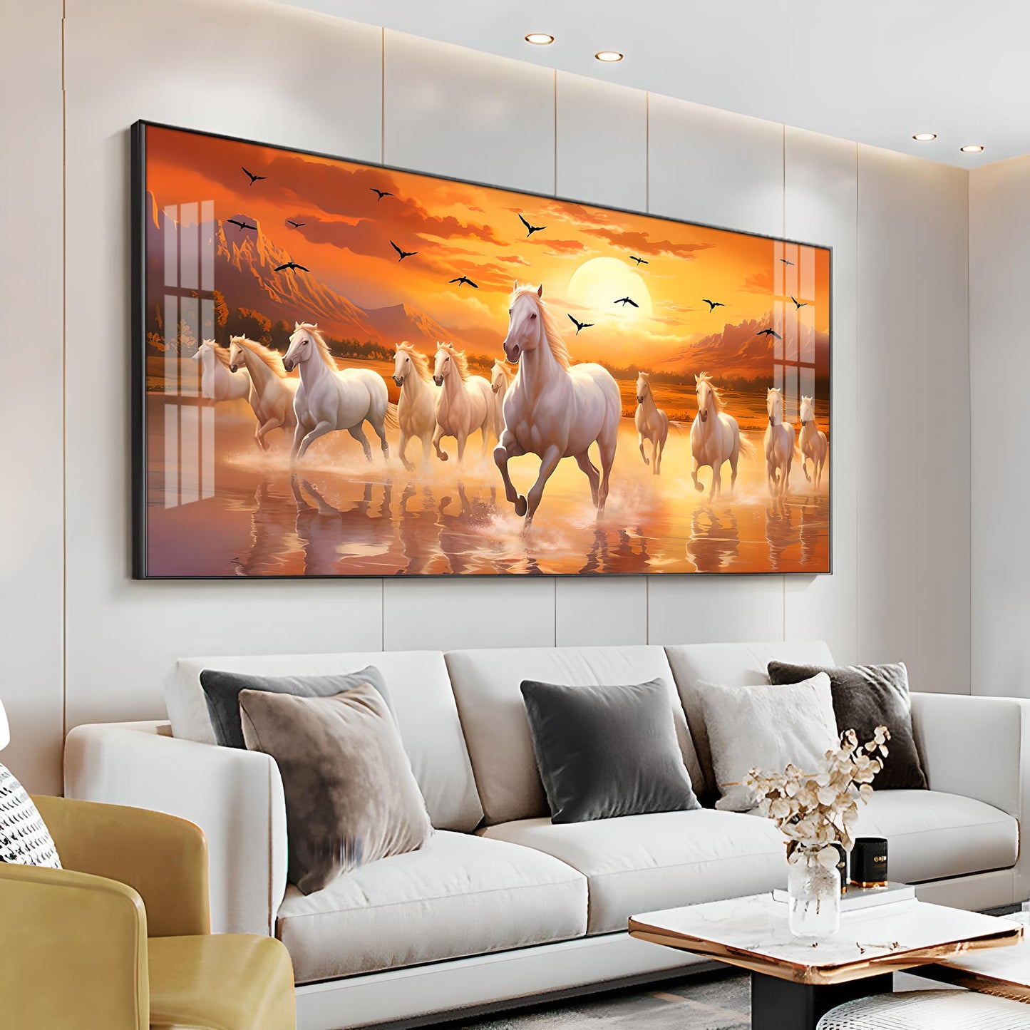 White Running Horses With Sunrise Premium Acrylic Horizontal Wall Art