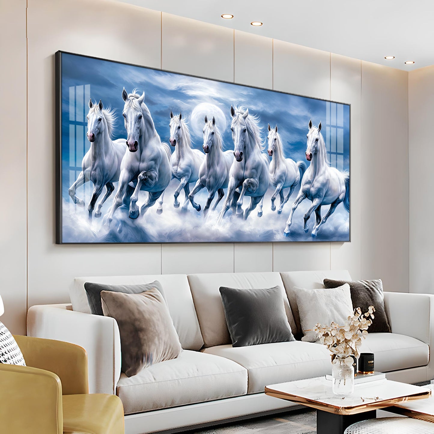 7 White Running Horses With Sunrise Premium Acrylic Horizontal Wall Art