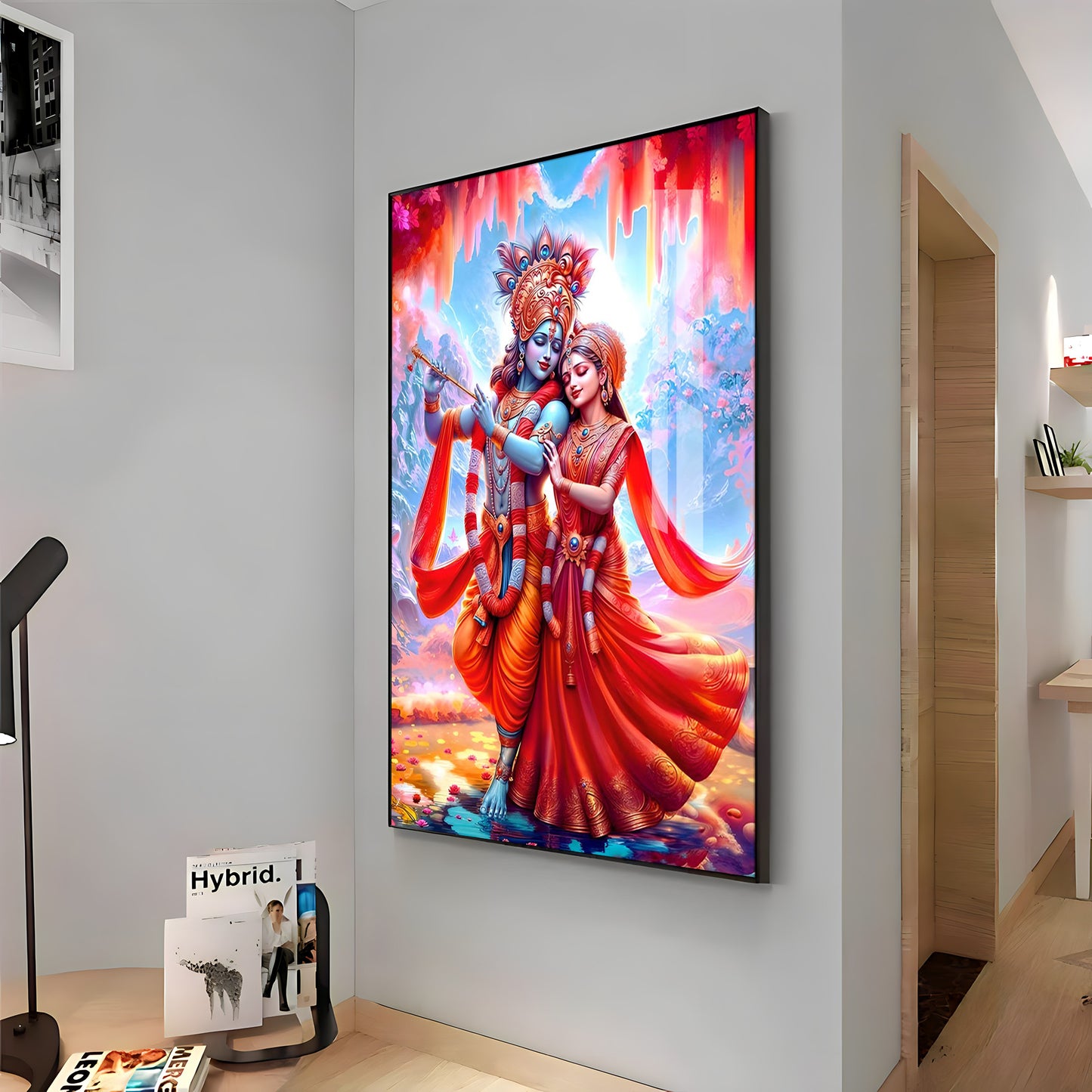 Beautiful Radha Krishna In Red Premium Acrylic Vertical Wall Art