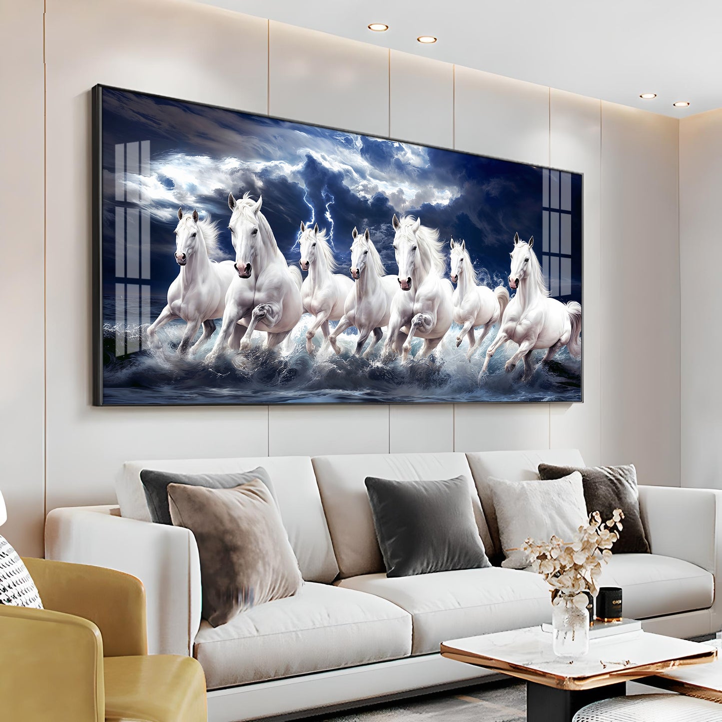 Seven White Horses Gallop In the Sea Premium Acrylic Horizontal Wall Art