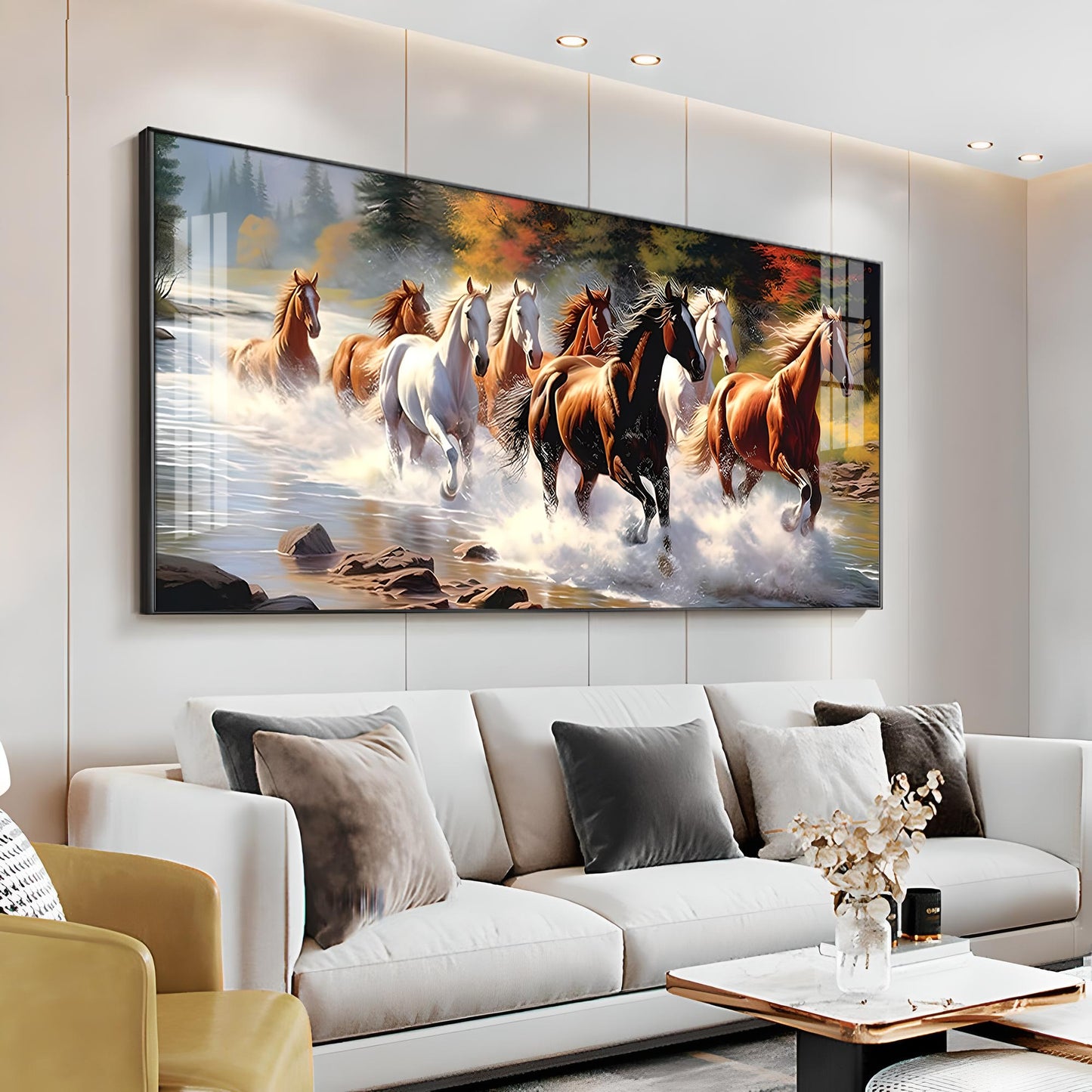 Running Horses in River Premium Acrylic Horizontal Wall Art