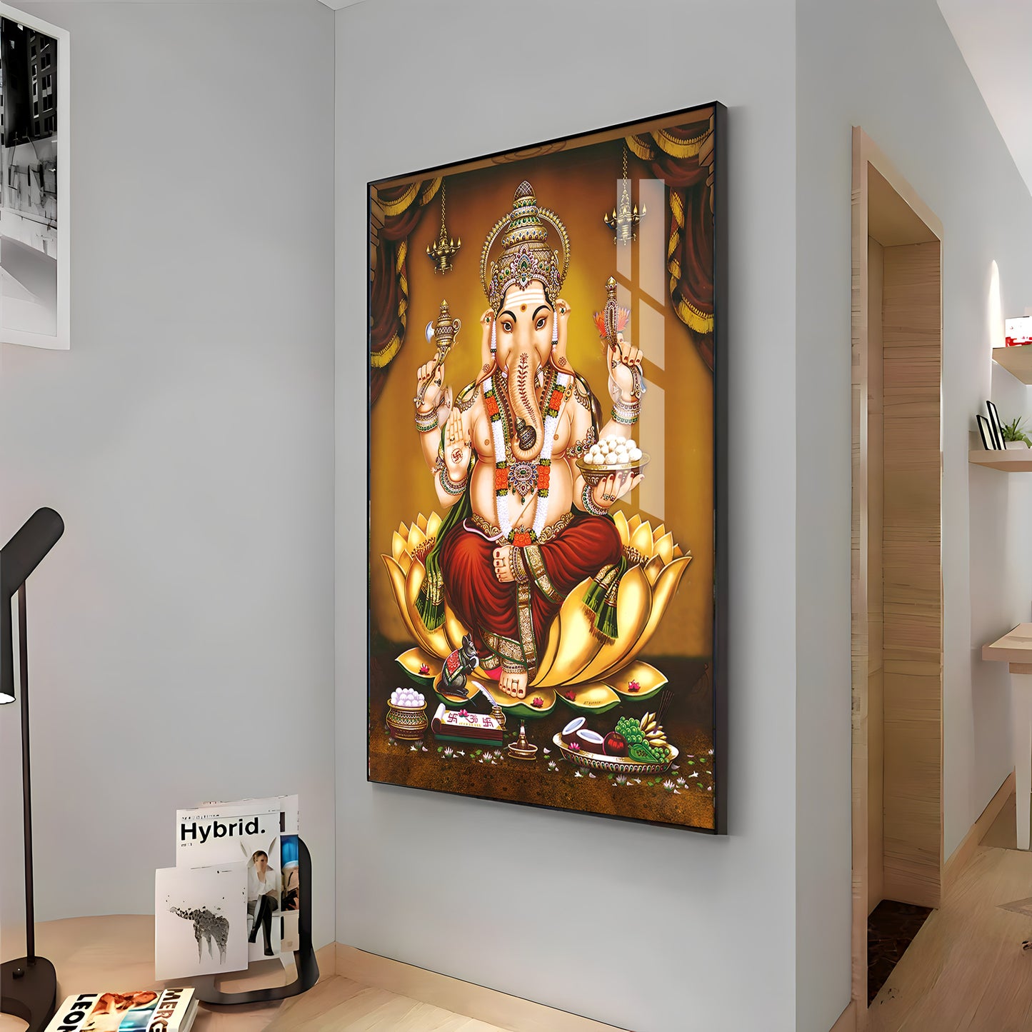 Lord Ganesha On Gold Lotus Premium Vertical Acrylic Wall Art