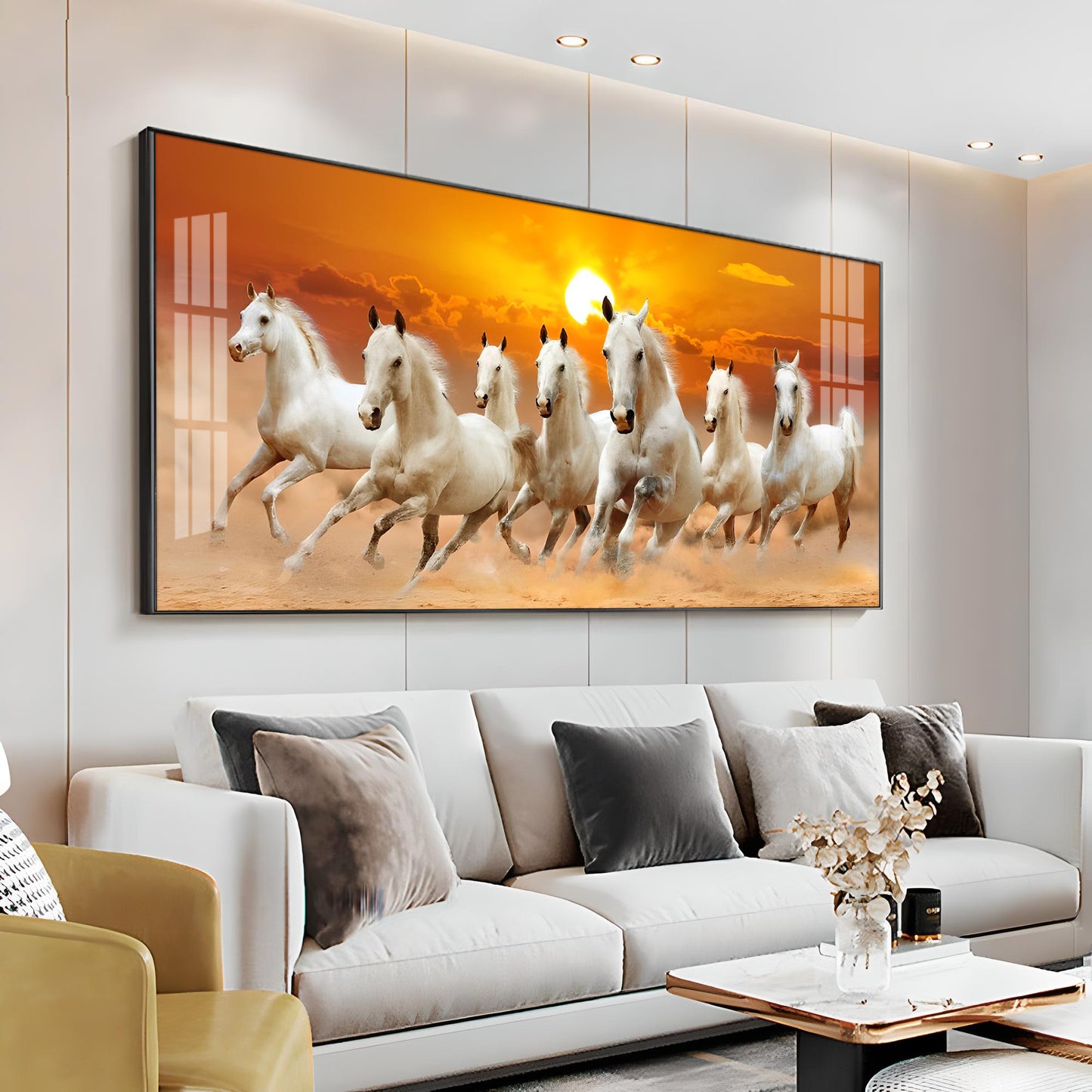 White 7 Running Horses Premium Acrylic Horizontal Wall Art