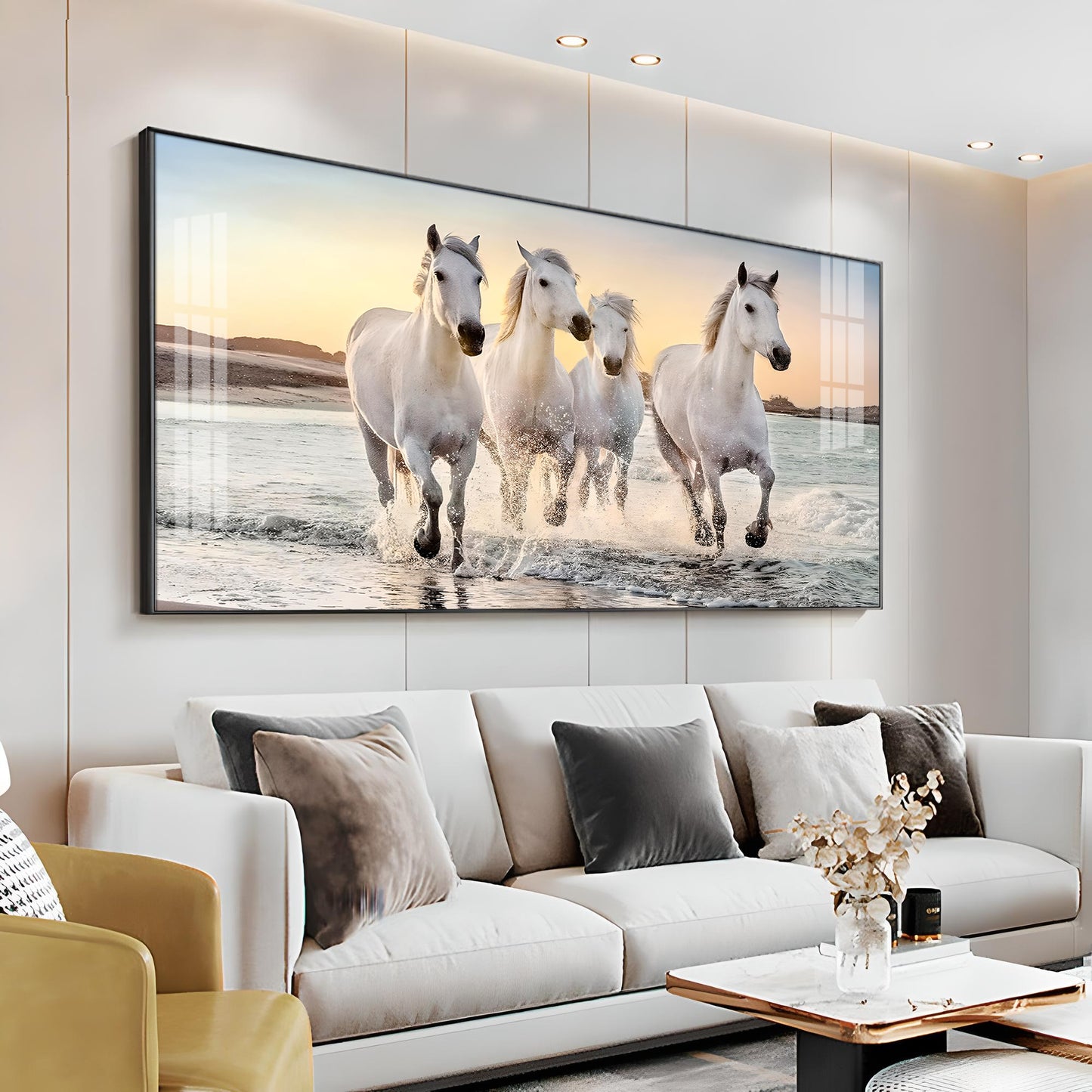 White Running Horses in The Sea Premium Acrylic Horizontal Wall Art