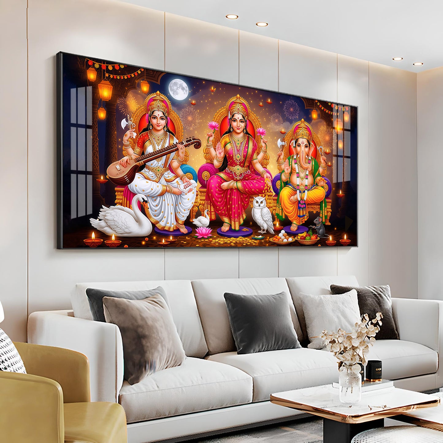 Maa Laxmi With lord Ganesh ji and Godess Saraswati Premium Acrylic Horizontal Wall Art