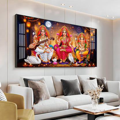 Maa Laxmi With lord Ganesh ji and Godess Saraswati Premium Acrylic Horizontal Wall Art