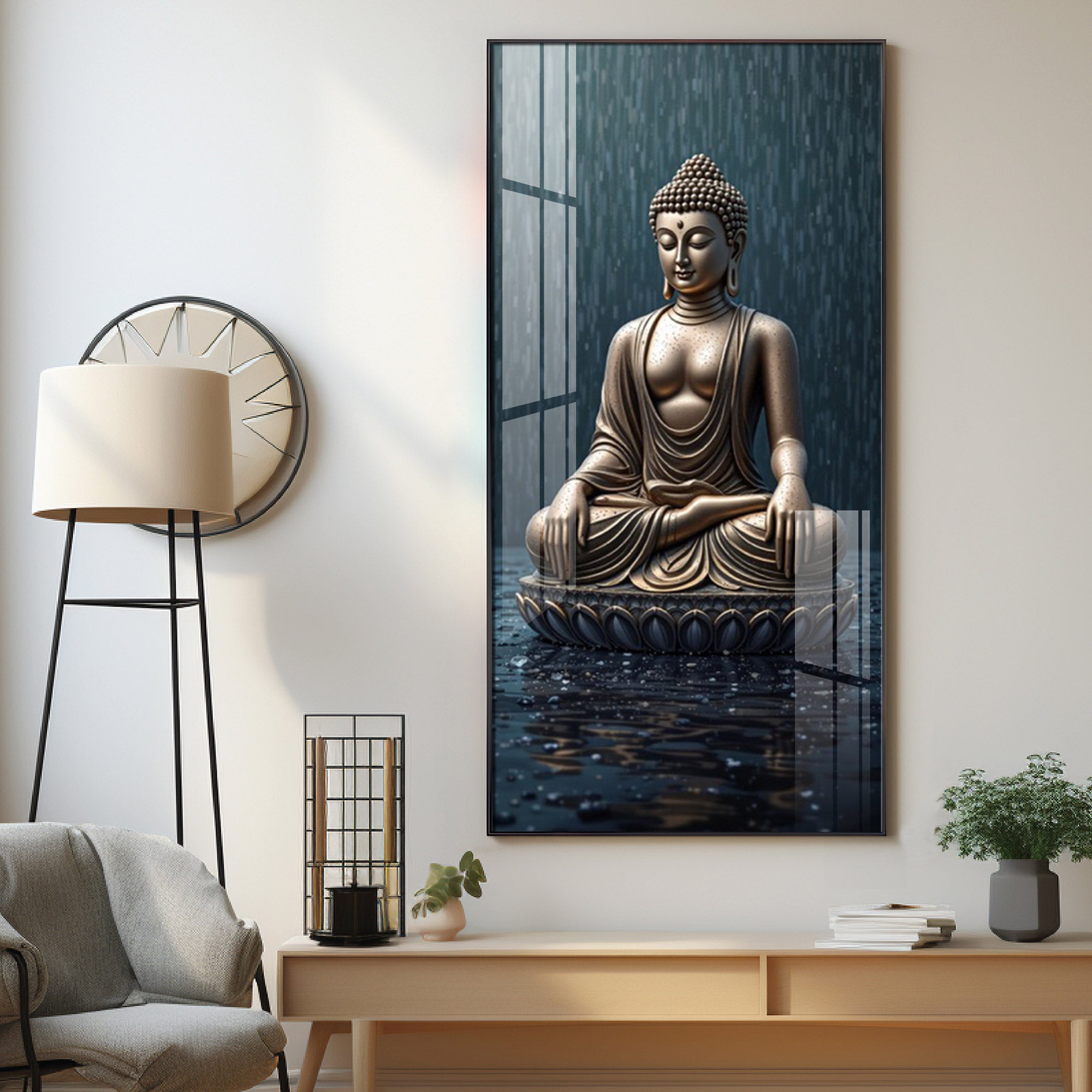 Tranquil Rain Buddha Premium Acrylic Vertical Wall Art