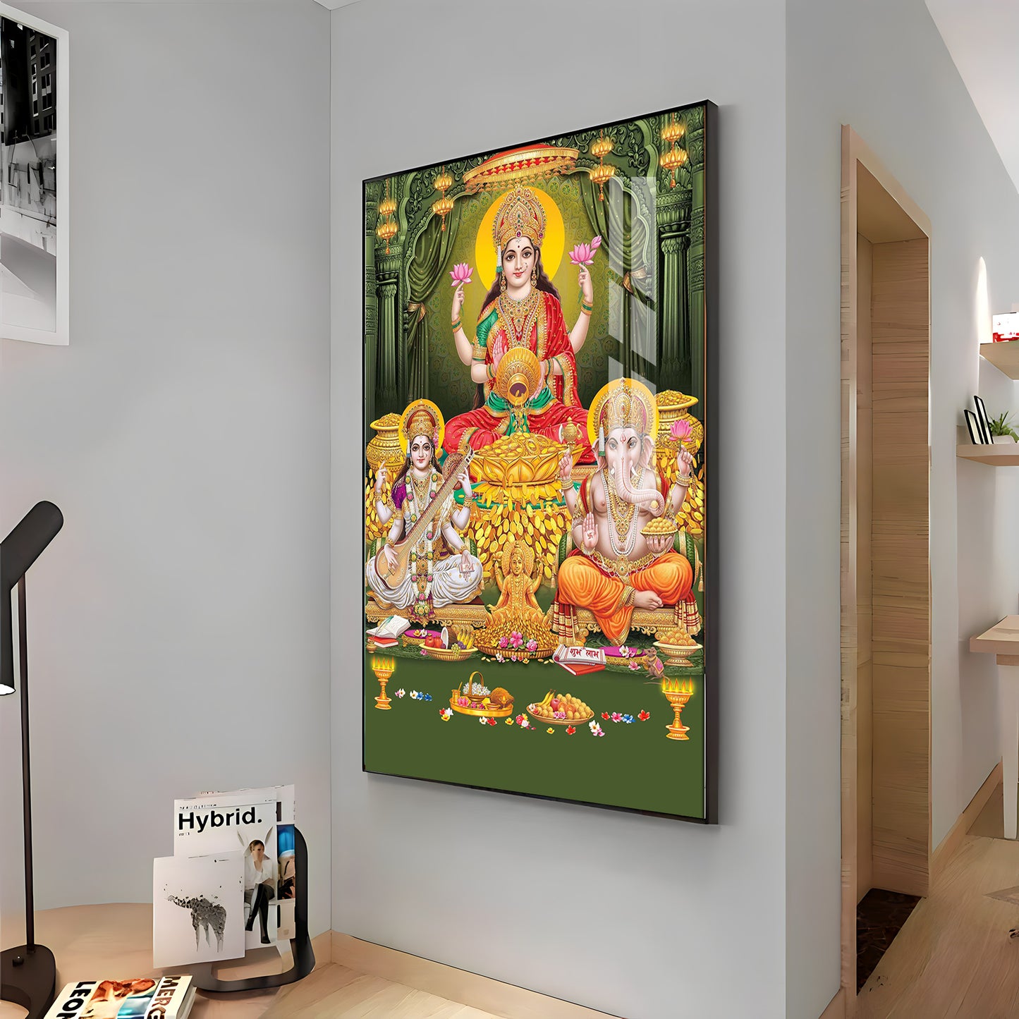 Divine Laxmi Ji With Flower Premium Acrylic Vertical Wall Art