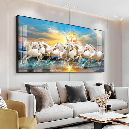 White Running Horses in Sea with Om Premium Acrylic Horizontal Wall Art