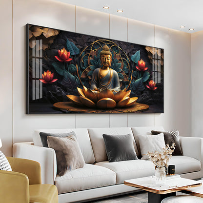 Buddha's Reflection With Sacred Lotus Premium Acrylic Horizontal Wall Art