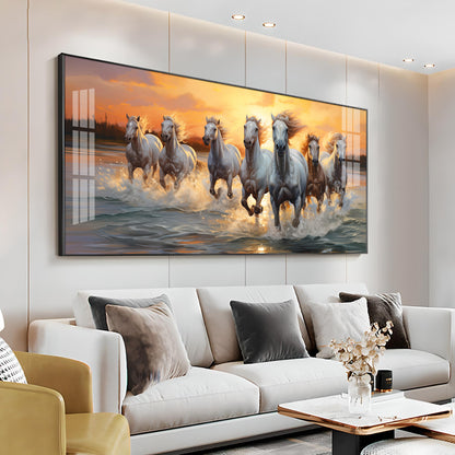 Vastu Seven Running Horses With Sunrise Premium Acrylic Horizontal Wall Art