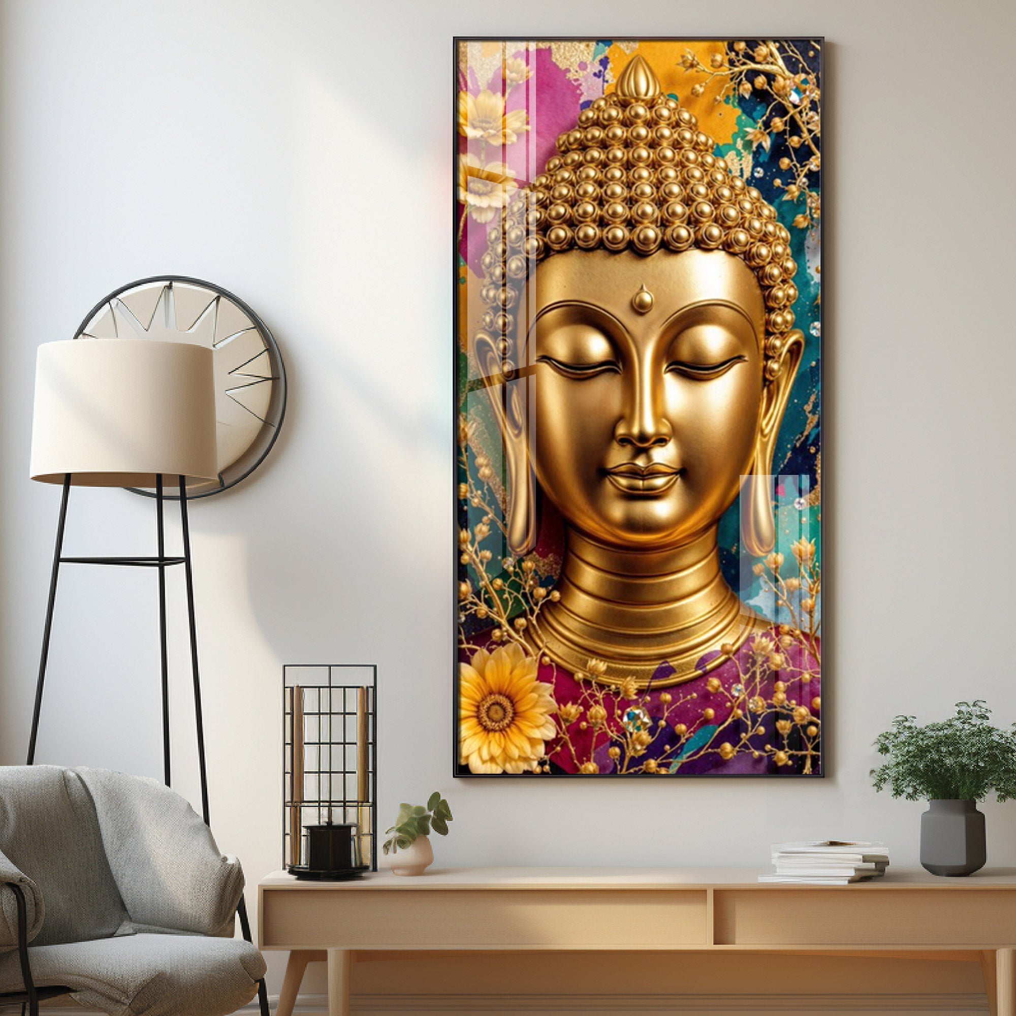 Golden Portrayal Of Buddha Premium Acrylic Vertical Wall Art