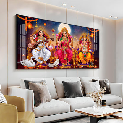 Lord Ganesha With Godess Saraswati and Maa Laxmi Premium Acrylic Horizontal Wall Art