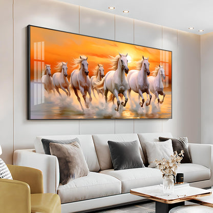 Seven White Running Horses With Sunrise Premium Acrylic Horizontal Wall Art