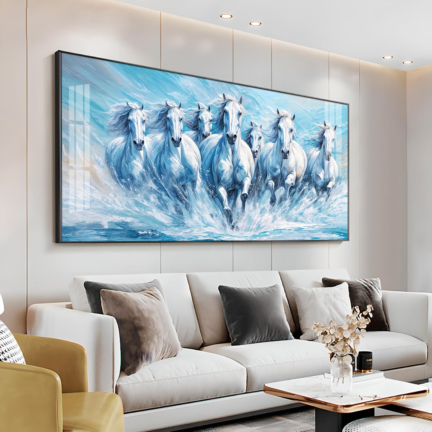 Running Horses in River Premium Acrylic Horizontal Wall Art