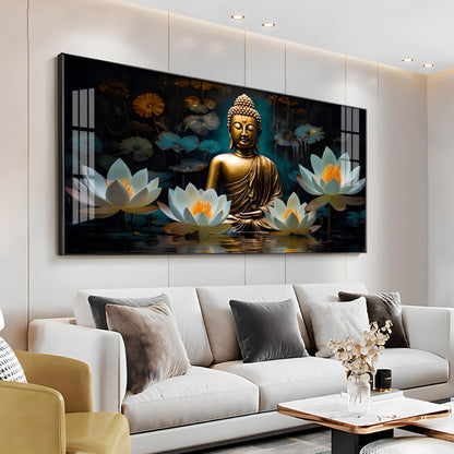 Buddha With White Lotus Premium Acrylic Horizontal Wall Art