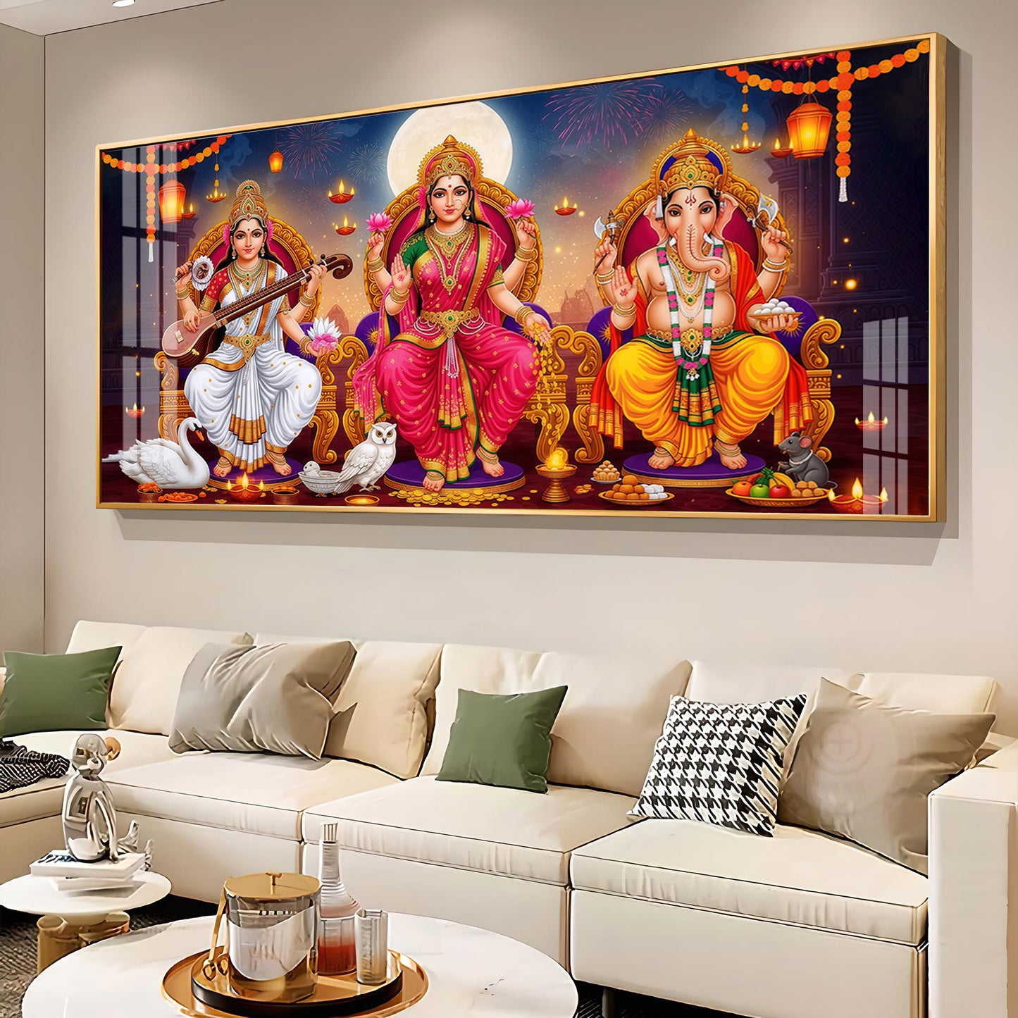Lord Ganesha With Godess Saraswati and Maa Laxmi Premium Acrylic Horizontal Wall Art