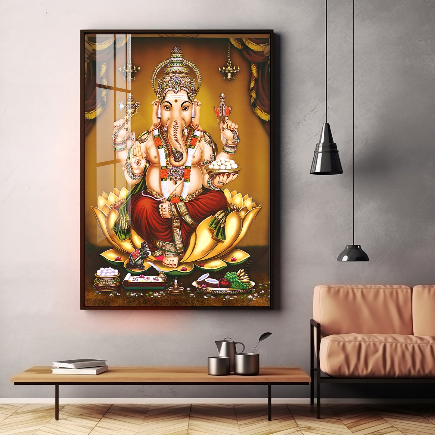 Lord Ganesha On Gold Lotus Premium Vertical Acrylic Wall Art