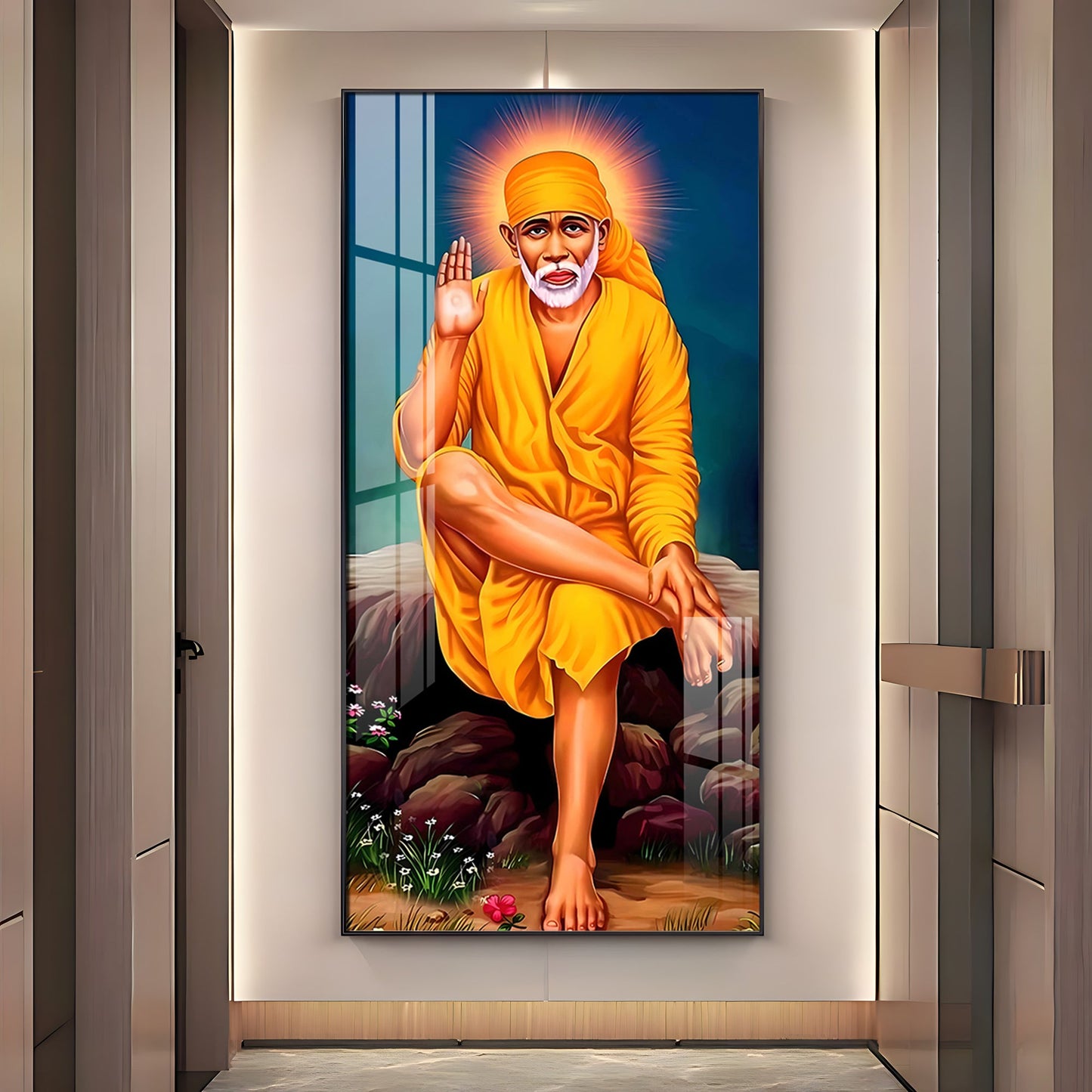 Shirdi Sai Baba Premium Acrylic Vertical Wall Art - 24X12 inches / Gold