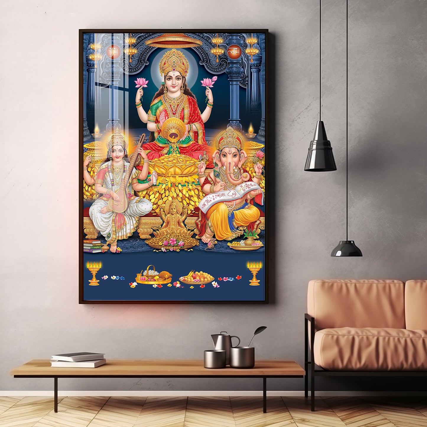 Spiritual Laxmi Ji With Flower Premium Acrylic Vertical Wall Art