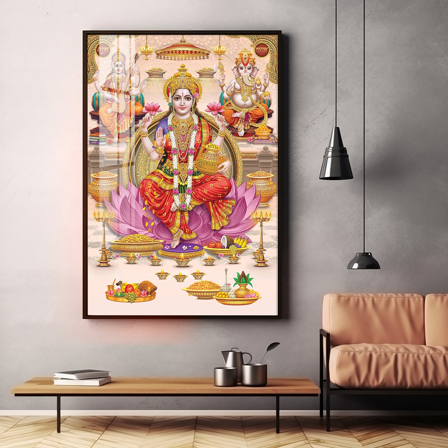 Goddess Maha Laxmi Ji On Kamala Premium Acrylic Vertical Wall Art