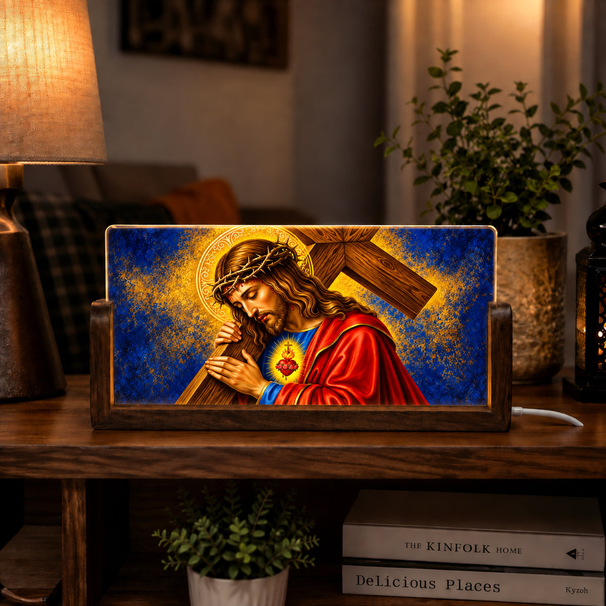 Jesus Carrying Cross Acrylic LED Table Lamp - Wooden Stand