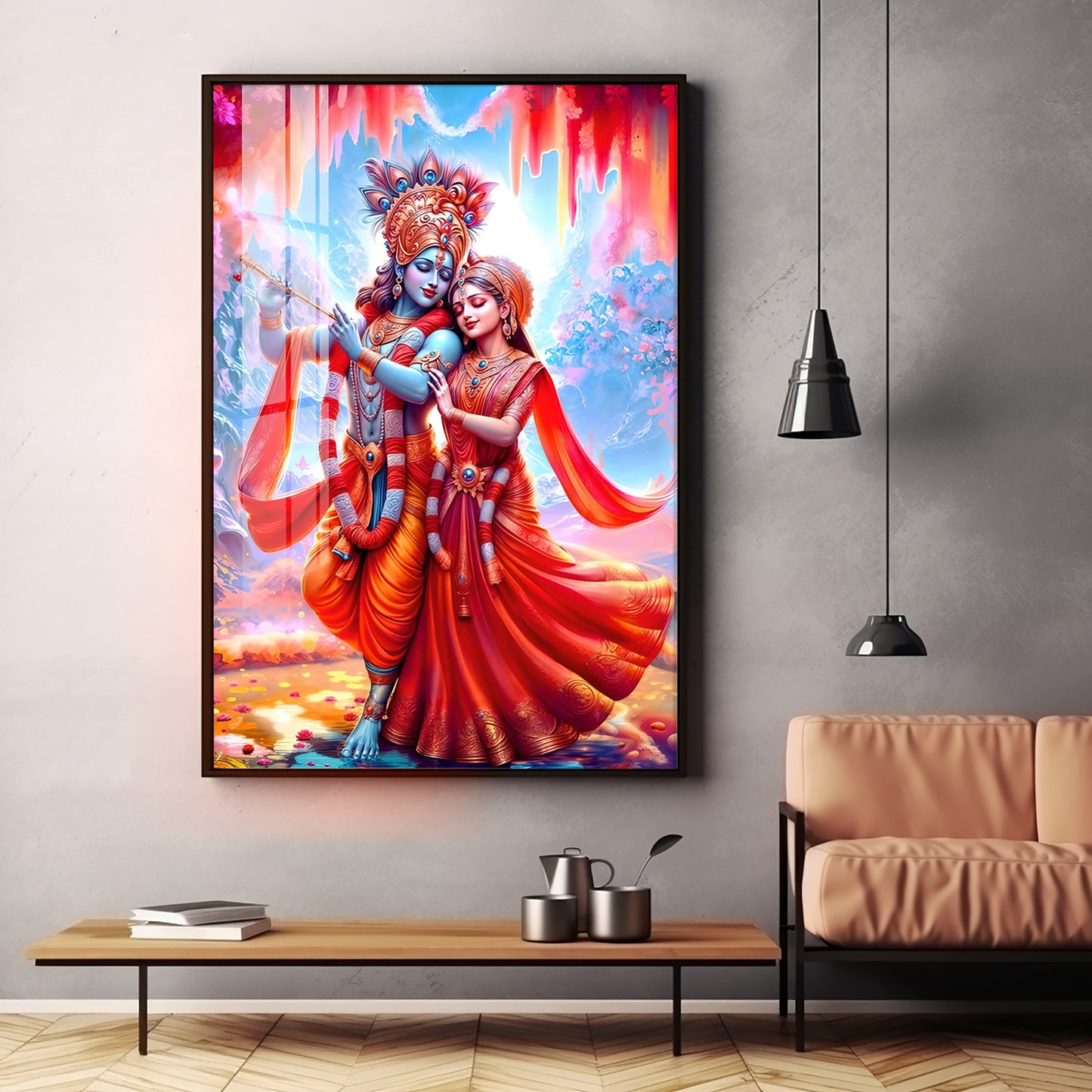 Beautiful Radha Krishna In Red Premium Acrylic Vertical Wall Art