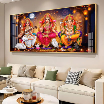 Maa Laxmi With lord Ganesh ji and Godess Saraswati Premium Acrylic Horizontal Wall Art