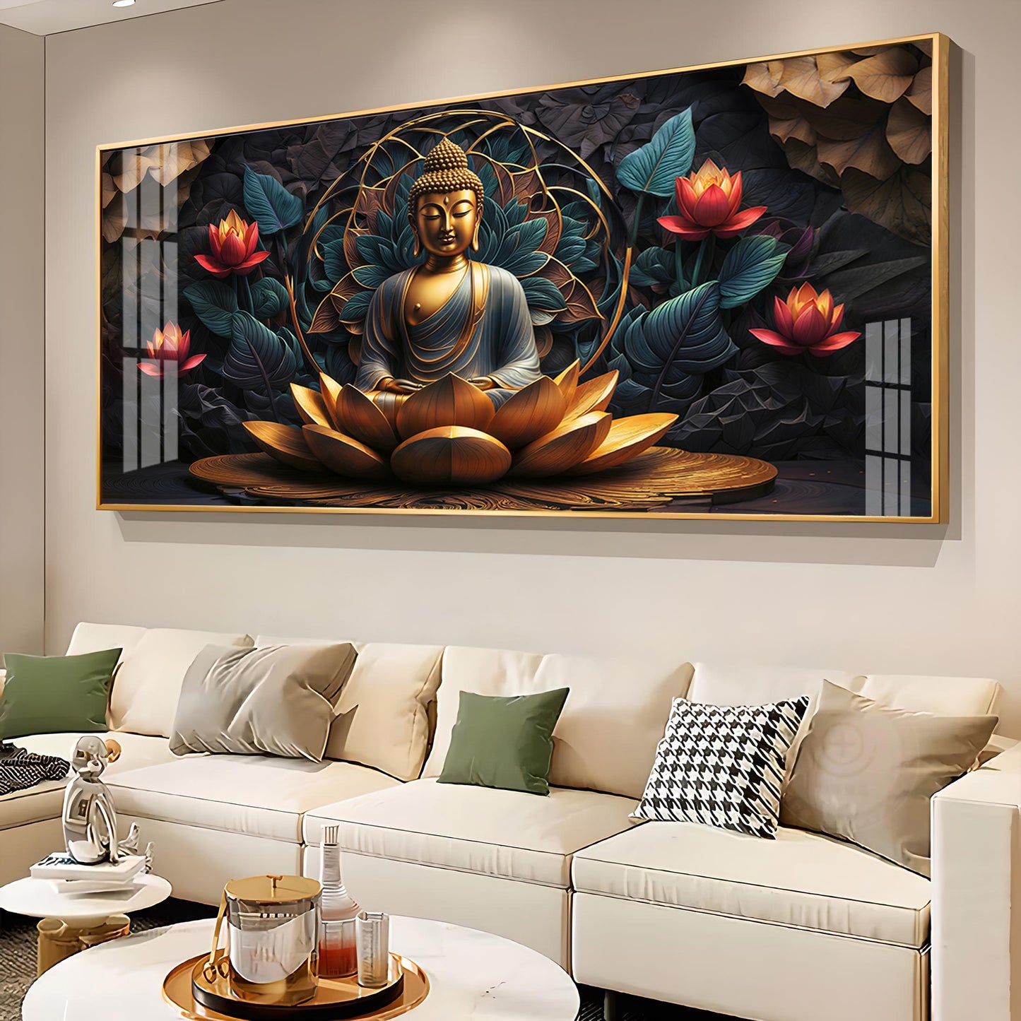 Buddha's Reflection With Sacred Lotus Premium Acrylic Horizontal Wall Art