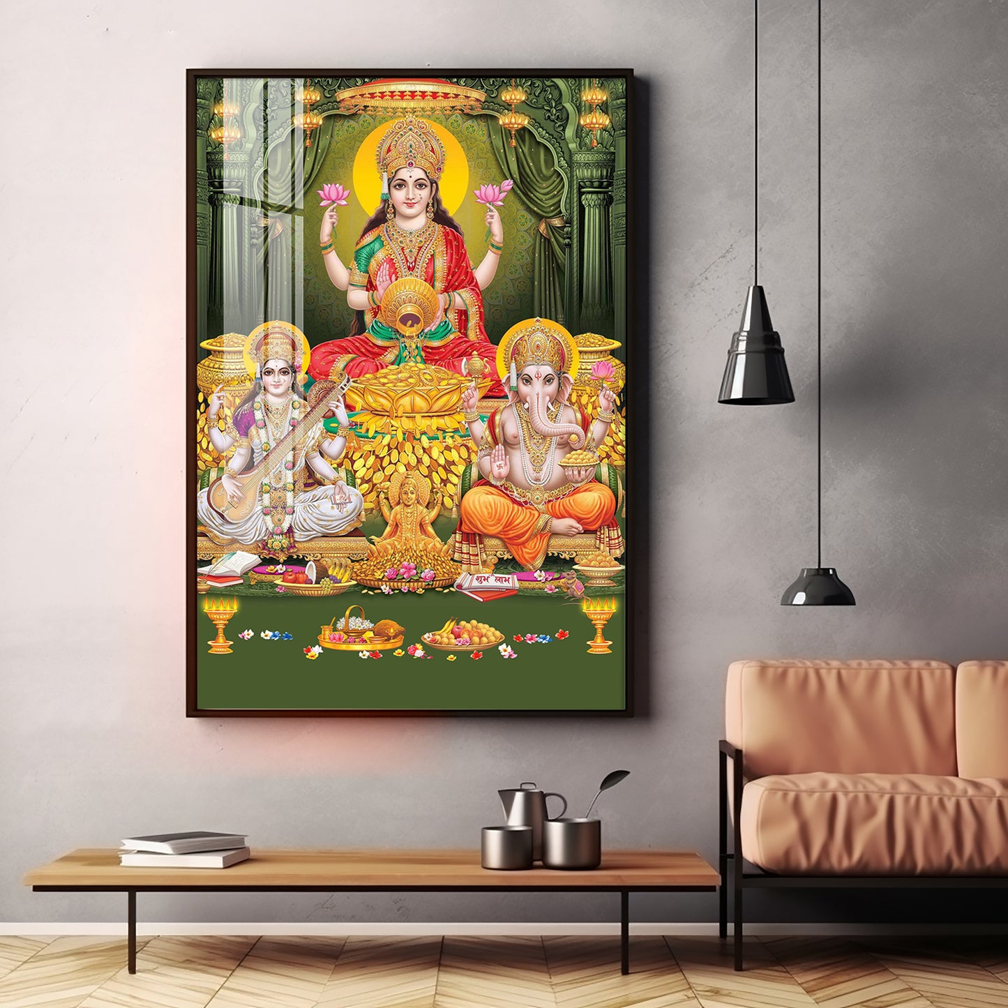 Divine Laxmi Ji With Flower Premium Acrylic Vertical Wall Art