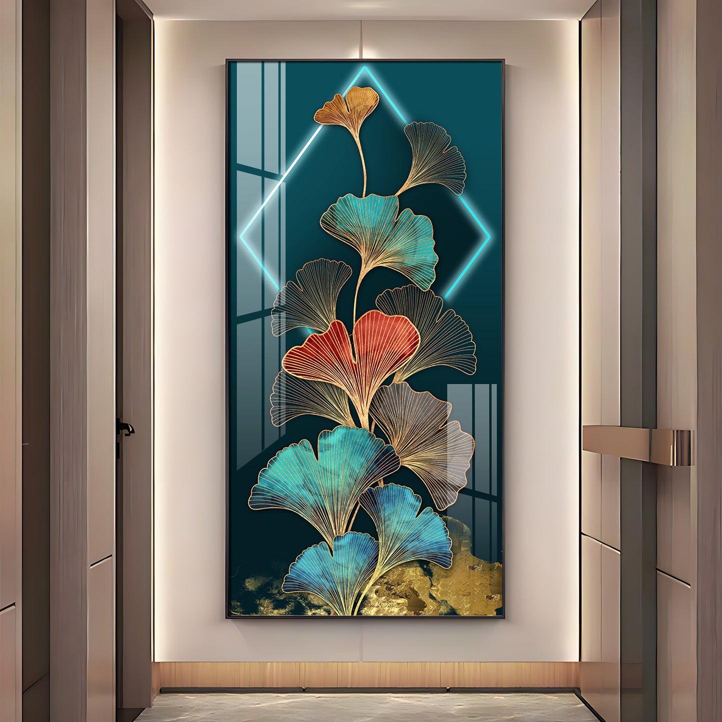 Ginkgo Leaf Entrance Hall Gold Foil Premium Acrylic Vertical Wall Art